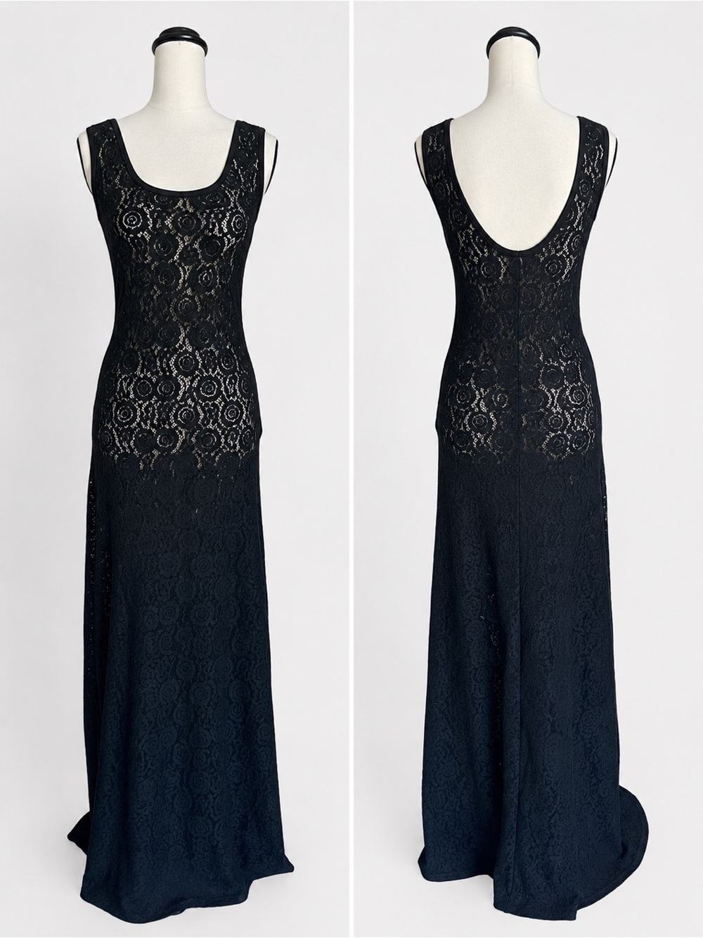 Fuzzi Black Sheer Floral Lace Mesh Maxi Dress XL Italy Made Stretch Whimsigoth
